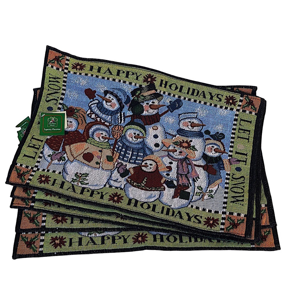 Set Of 5 Christmas Tapestry Placemats Let It Snow Happy Holidays Snow Man Family